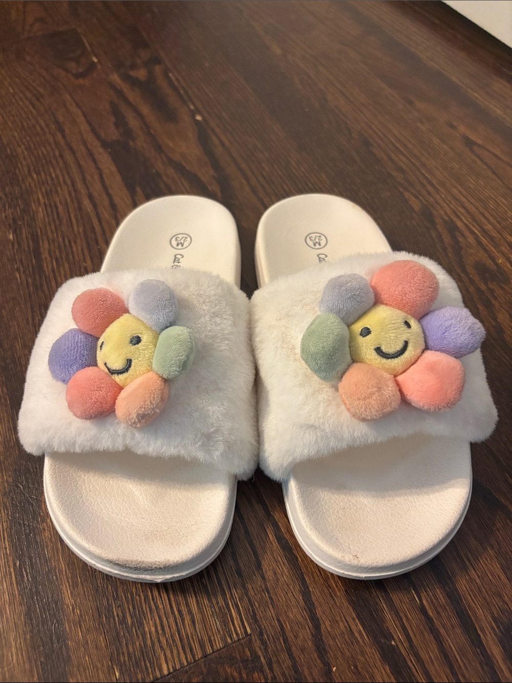 Cat & Jack White Plush Slide Sandals with Pastel Rainbow Flower